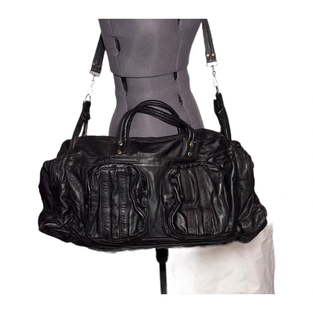 Vintage Leather Duffle Bag Grunge Black Patchwork Suede 12.5x24x6 XL Weekender